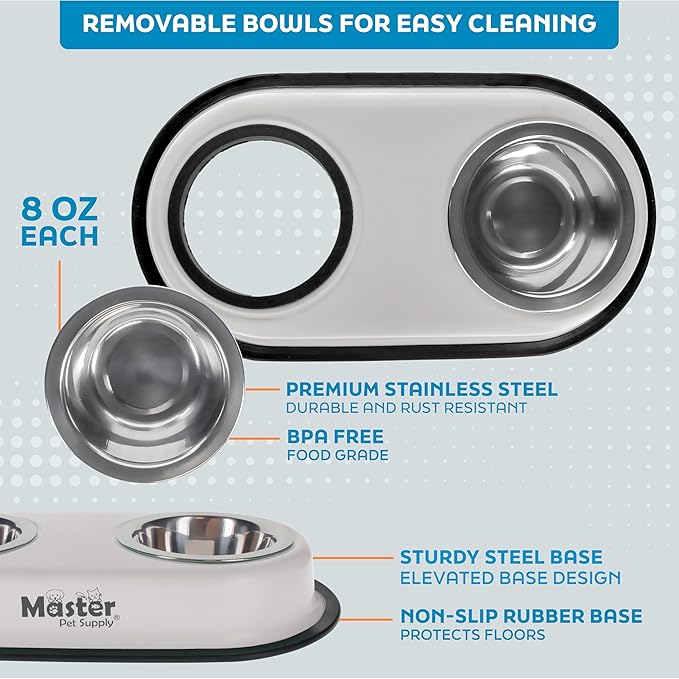 Master Pet Supply Double Dog Bowls Set with Elevated Base and 2 (8 oz) Stainless Steel Removable Dishes (Bone White) – Double Cat Food Water Bowl, Dog Puppy Food Bowl Set, Rust Resistant