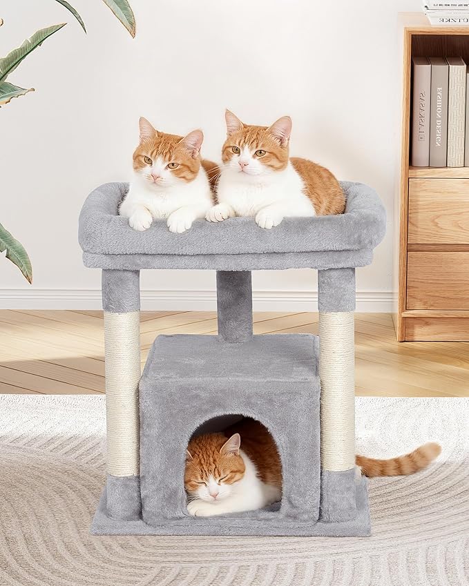 Cat Tree for Large Cat, 19 * 15.8in Large Perch Bed for Adult Cats, 23.6in Cat Tower with Scrathing Post, Cat Condo with 2-Door for Indoor Cats, Light Gray