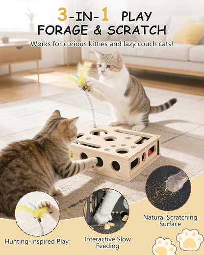 Cat Toys for Indoor Cats - Interactive Box Puzzle Toy Nail File Scratcher Hunting Play Toy with 3 Jingle Balls & 1 Feather Wand, Wooden Puzzle Treat Toy Box Energize Cat Instincts for Bored Cats