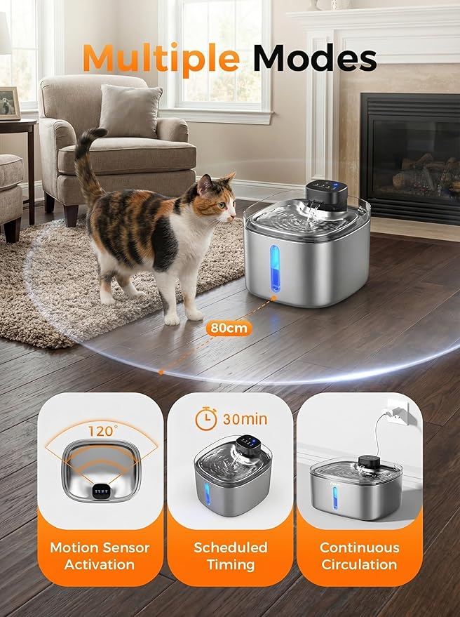 Water Fountain for Cats & Dogs 5L/169fl.oz Stainless Steel Wireless Cordless Pet Drinking Water Dispenser Cat Fountain for Indoor Outdoor &1Filter