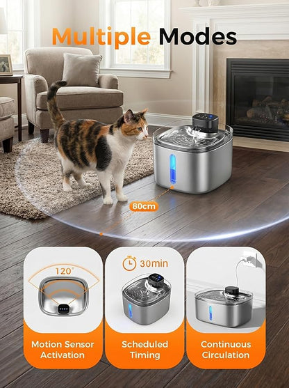 Water Fountain for Cats & Dogs 5L/169fl.oz Stainless Steel Wireless Cordless Pet Drinking Water Dispenser Cat Fountain for Indoor Outdoor &1Filter