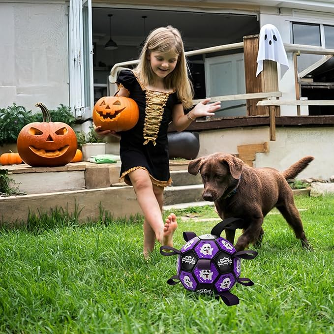 Halloween Dog Toy Halloween Dog Soccer Ball with Straps Dog Interactive Ball Toy Dog Halloween Tug of War Toy Dog Soccer Ball for Small Medium Large Size Dogs (6 inches) S