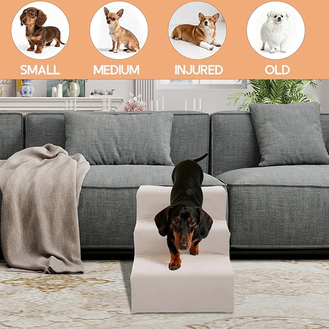 Stairs for Dogs to get on Bed 3-Step Pet Ramp for High Beds Sponge Dog Ramp Non-Slip Washable Cover The Sturdy Iron Frame with Anti-Slip Points Ideal for Small Dogs Cats Senior Pets with Joint Issues