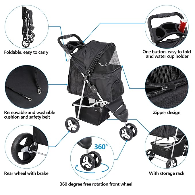 ZENY Foldable Pet Stroller, Cat/Dog Stroller with 3 Wheel, Pet Strolling Cart, Dog Travel Carrier with Storage Basket + Cup Holder, Black