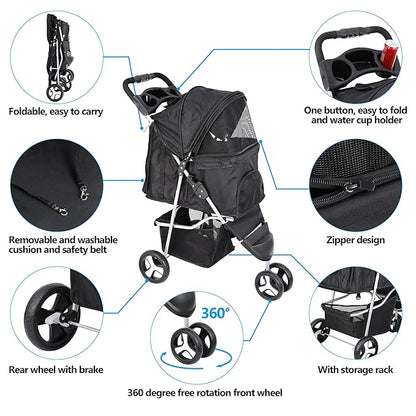 ZENY Foldable Pet Stroller, Cat/Dog Stroller with 3 Wheel, Pet Strolling Cart, Dog Travel Carrier with Storage Basket + Cup Holder, Black
