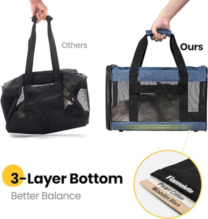 Dog Carrier Soft Sided, Large Cat Carrier with Inner Safety Leash, Pet Transport Carrier for Large Cats and Medium Dogs up to 20 Lbs, Collapsible Travel Puppy Carrier Bag -Blue L