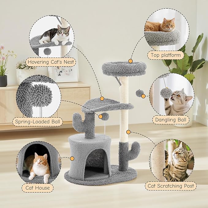 DUMOS 33-inch Cat Tree Tower for Indoor Cats, Small Cat Scratching Post with Curved Bed, Cat Tree with Cat Condo for Adult, Grey