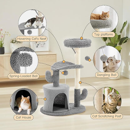 DUMOS 33-inch Cat Tree Tower for Indoor Cats, Small Cat Scratching Post with Curved Bed, Cat Tree with Cat Condo for Adult, Grey