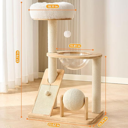 HITTITE Solid Wood Cat Tree Tower with Scratching Post, 37.8 Inches Tall Cat Towers with Scratching Board and Scratcher Ball, Modern Cat Tower With Space Capsule and Removable Top Bed for Indoor Cats.