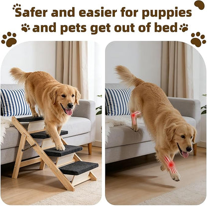 MEWANG Wood Pet Stairs & Ramp for Small/Medium Dogs and Cats, Aging Pets – 3-in-1 Foldable, Portable, Non-Slip Pet Ladder for Tall Beds, Couches,Cars–Holds Up to 220 lbs (31.5" L x 17.2" W x 25.0" H)