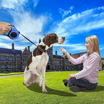Heavy Duty Retractable Dog Leash - 16FT Blue, Tangle-Free Nylon Tape, Anti-Slip Handle, with Waste Bag Dispenser for Small Dog or Cat up to 26 lbs