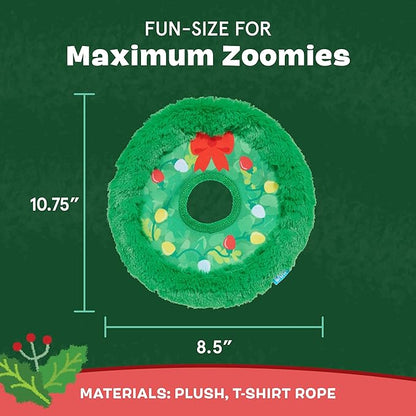 Barkbox Get Lit Wreath Dog Toy – Holiday Fetch & Fling Disc with T-Shirt Rope, Crazy Crinkle & Long Plush Hair – Durable Holiday Play Toy for Dogs