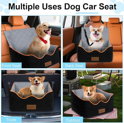 Dog Car Seat for Small/Medium Dogs Under 35lbs, Pet Booster Seat with 4In Memory Foam Cushion, Fully Detachable and Washable, Travel Dog Carseat with Storage Pocket and Safety Belt