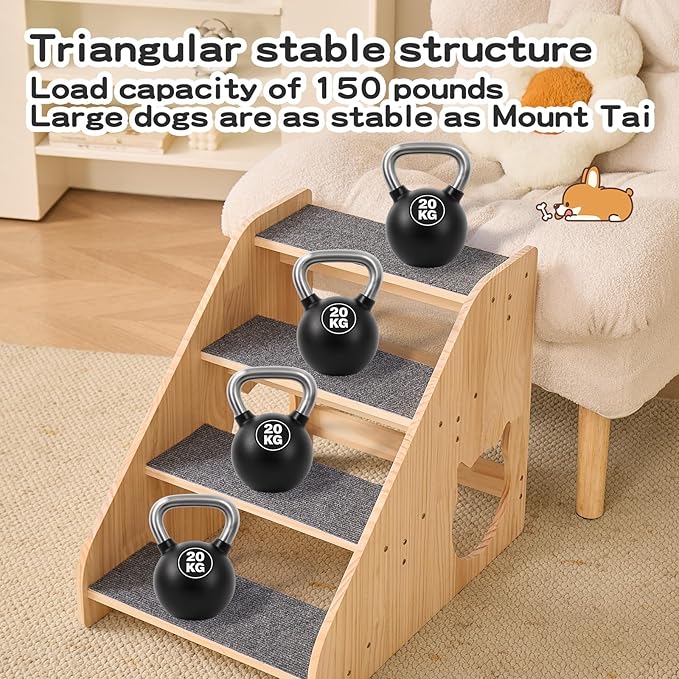 Dog Stairs for Small Medium Large Dogs 17.72" H Load Capacity 150lbs Solid Wood Non-Slip Sturdy Pet Steps for Bed & Couch 4 Step 15.75 * 22.44 * 17.72"