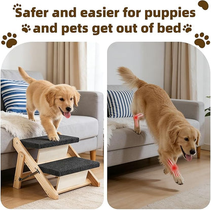 MEWANG Wood Pet Stairs & Ramp for Small/Medium Dogs and Cats, Aging Pets – 3-in-1 Foldable, Portable, Non-Slip Pet Ladder for Tall Beds, Couches,Cars–Holds Up to 220 lbs (17.3" L x 17.2" W x 13.0" H)