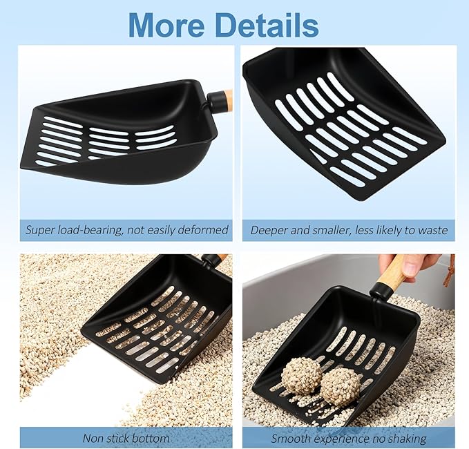Cat Litter Scoop, Metal Litter Scoop, Heavy Duty Metal Cat Scooper for Litter Box, Black Sifter Scoop for Pellets, Wooden Handle Scoop with Hole, Kitty Necessity (Short)