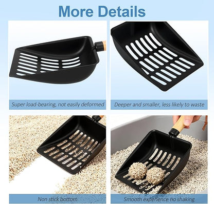 Cat Litter Scoop, Metal Litter Scoop, Heavy Duty Metal Cat Scooper for Litter Box, Black Sifter Scoop for Pellets, Wooden Handle Scoop with Hole, Kitty Necessity (Short)