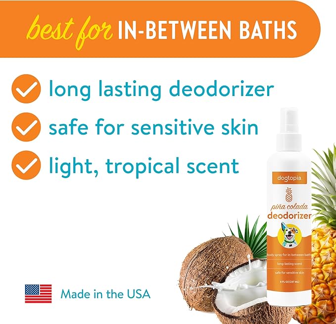 Dogtopia Deodorizer Spray for Pets | 8oz Long-Lasting Piña Colada Odor Eliminator for Dogs | Gentle Water - Based Pet Deodorizing Spray