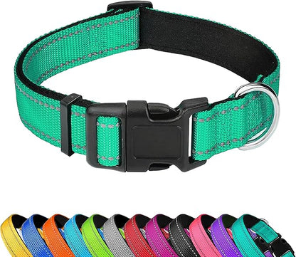 Reflective Dog Collar, Adjustable Soft Neoprene Padded Nylon Pet Collars with Buckle for Medium Dogs, Grass Green,M