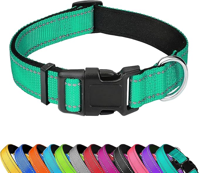 Reflective Dog Collar, Adjustable Soft Neoprene Padded Nylon Pet Collars with Buckle for Extra Large Dogs, Grass Green,XL