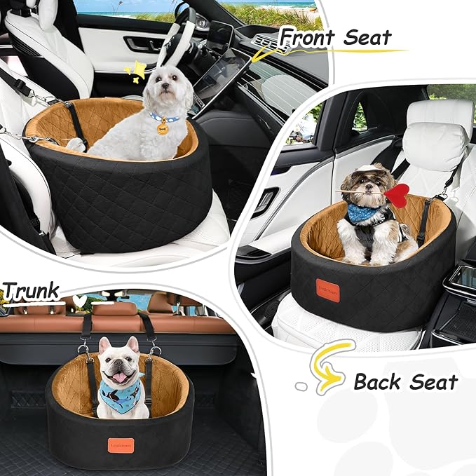 Lealchum Dog Car Seat for Small Dogs Up to 30 Lbs,Ultra Soft Fabric Fill in Comfy Memory Foam,Happy Pet Ride,2 Safety Dog Leashes,Fully Detachable and Washable,Anti Slip Base(Black/Coffee)