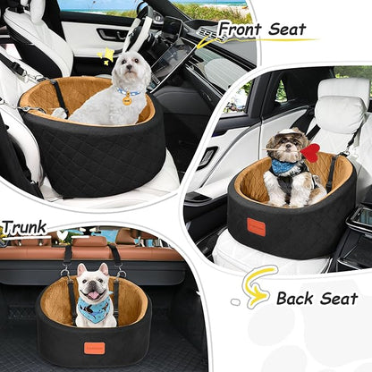 Lealchum Dog Car Seat for Small Dogs Up to 30 Lbs,Ultra Soft Fabric Fill in Comfy Memory Foam,Happy Pet Ride,2 Safety Dog Leashes,Fully Detachable and Washable,Anti Slip Base(Black/Coffee)