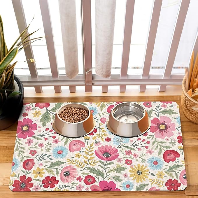 Pet Dog Cat Food Mat, Absorbent Quick Dry Dog Bowl Mats for Food and Water, Non Slip Boho Floral Dogs Cat Placemats Feeding Mat for Floors Indoor Puppy Pet Accessories Supplies 12 * 20 inch
