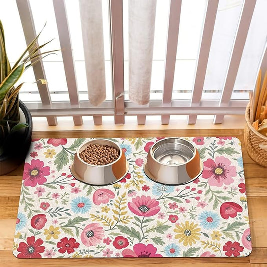Pet Dog Cat Food Mat, Absorbent Quick Dry Dog Bowl Mats for Food and Water, Non Slip Boho Floral Dogs Cat Placemats Feeding Mat for Floors Indoor Puppy Pet Accessories Supplies 16 * 24 inch