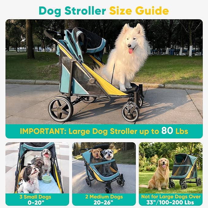 Petbobi Dog Stroller for Large & Medium Dogs - Easy Fold Dual Entry Pet Stroller with One-Foot Brake, All Terrain Wagon Cart with Air Mesh, Ideal for Large Senior Pets up to 80 lbs, Green