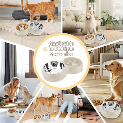 Pets Double Slow Feeder Bowls, Cats & Dogs Food Water Bowls, Stainless Steel Puppy Food and Water Dishes Non-Skid, Pet Feeding Bowl for Small Dogs Puppy Cat (White)