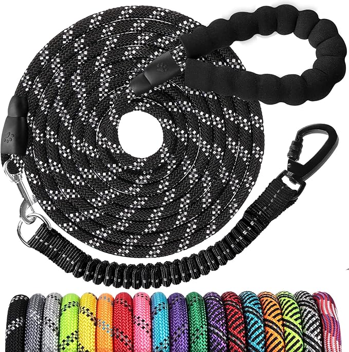 jenico Long Dog Leash 50FT: Heavy Duty Nylon Rope Leashes for Dogs Training with Reflective Threads Bungee and Padded Handle - Dog Lead for Large Small Medium Dogs Outside Walking Hiking