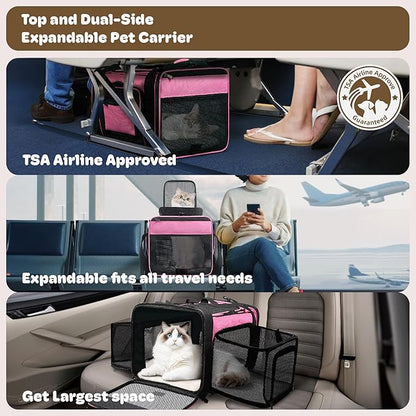 Top and 2 Sides Expandable Pet Carrier 17x11x9.5, TSA Airline Approved Small Dog Carriers for Small Dogs, Soft-Sided Cat Carrier with Self-Locking Zippers for Kitten,Rabbit, Puppy, Guinea Pig Pink