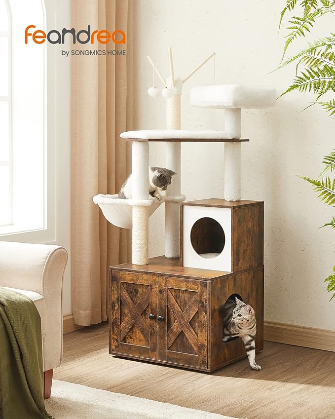 Feandrea Cat Tree with Litter Box Enclosure, 59-Inch Modern Cat Tower, 2-in-1 Condo with Scratching Posts, Washable Removable Cushion, Rustic Brown UPCT113X01