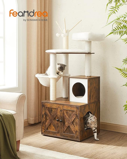 Feandrea Cat Tree with Litter Box Enclosure, 59-Inch Modern Cat Tower, 2-in-1 Condo with Scratching Posts, Washable Removable Cushion, Rustic Brown UPCT113X01