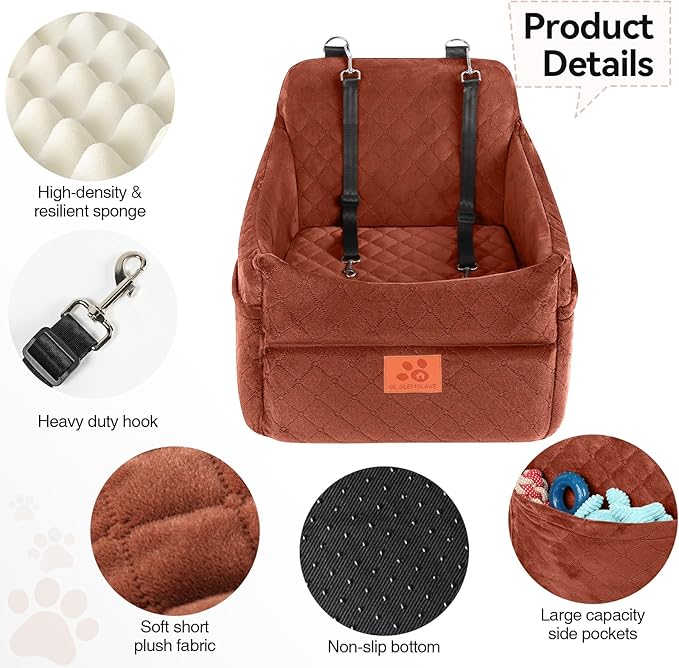 GL GLENSLAVE Dog Car Seat for Small/Medium Dogs, Dog Booster Car Seats with Thick Cushion for Dogs Under 35 lbs, Detachable Washable Pet Carseat with Storage Pockets, 2 Safety Belts(Brown)