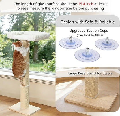 Cat Scratching Post with Large Window Perch - SnugCloud Ultra Soft Bed with Bolster,Adjustable 47" Tall Sisal Scratcher Tree for Maine Coon Big Cat Climbing, Naping and Overlooking