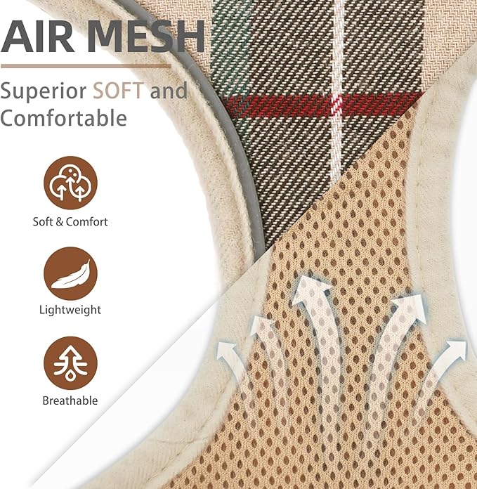 PUPTECK Soft Mesh Dog Harness Small Sized and Leash Set Pet Puppy Cat Comfort Padded Vest No Pull Harnesses, Beige Plaid, Openable Neck, New S