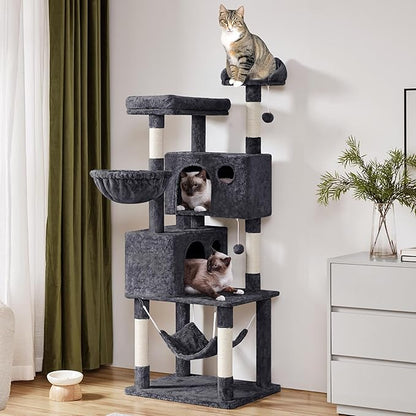 Yaheetech 64.5in Extra Large Cat Tree with 2 Perches, 2 Condos, 5 Scratching Posts, Funny Hammock & Basket & Dangling Balls, Multi-Level Cat Tower for Indoor Felines, Dark Gray