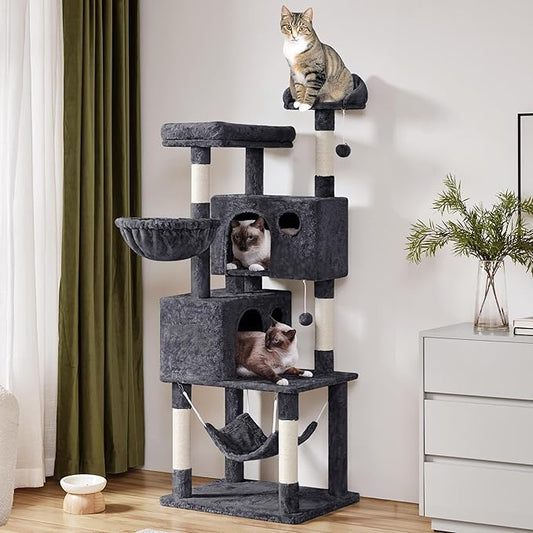 Yaheetech 64.5in Extra Large Cat Tree with 2 Perches, 2 Condos, 5 Scratching Posts, Funny Hammock & Basket & Dangling Balls, Multi-Level Cat Tower for Indoor Felines, Dark Gray