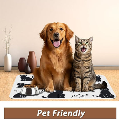Cute Black Flower Dog Cat Food Mat,Absorbent Pet Feeding Mat with Rubber Backing,Non-Slip Water Bowl Placemat,Indoor Pet Accessories Supplies 12"x20"