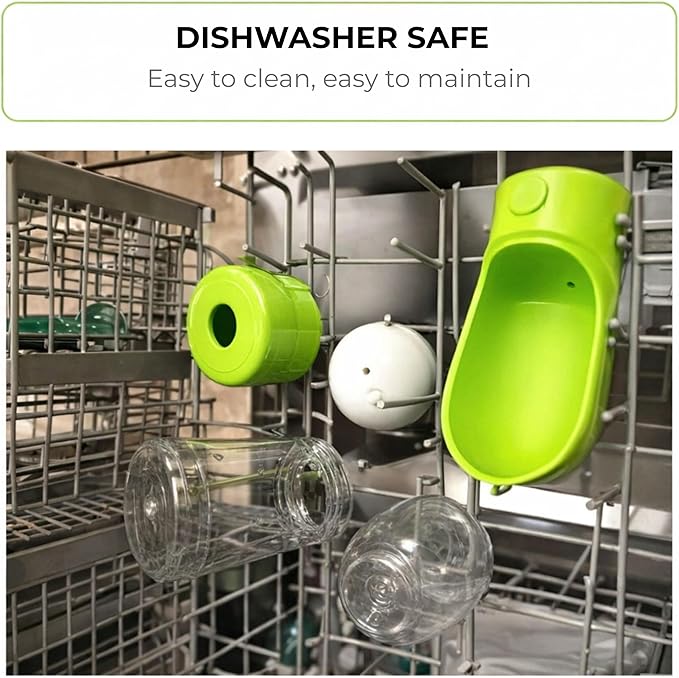 3-in-1 Dog & Cat Water Bottle with Food Container & Poop Bag Holder – Includes 60 Extra Waste Bags – 13.5oz Leak-Proof, BPA-Free Portable Pet Travel Dispenser, Green