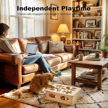 Pine Wooden Cat Puzzle Box, Interactive Maze & Scratch Enrichment Toy, Puzzle Toys for Indoor Cats with Sisal Wand, Silent & Bell Balls (Large)