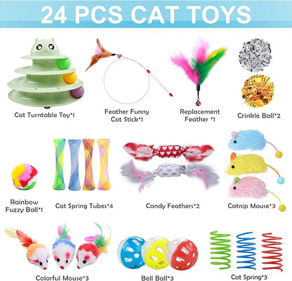 UPSKY 24 PCS Cat Toys, 3-Level Turntable Kitten Toys Set, Interactive Cat Roller Toys for Indoor Cats, Catnip Toys, Cat Teaser Toys, Mice Toys, Spring Toys, Various Ball Toys for Kitty