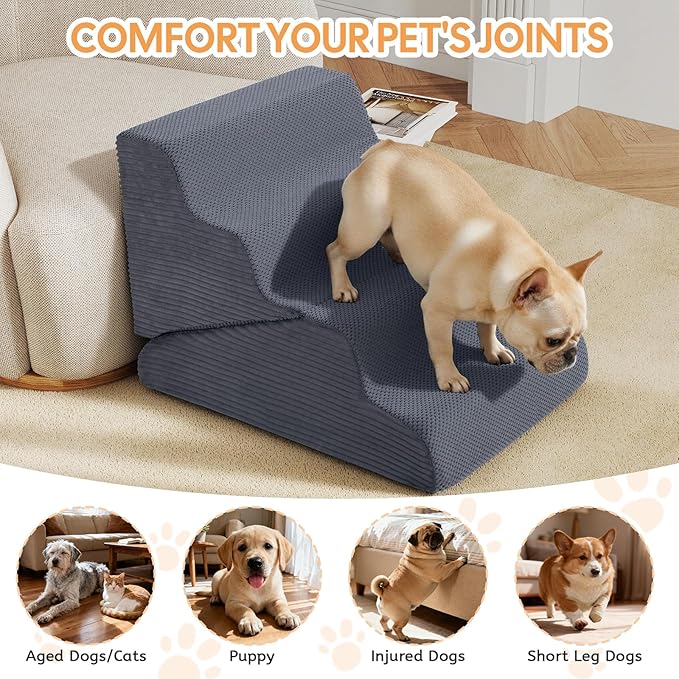 Dog Ramp for Bed, Extra Wide 20" Width Dog Stairs for High Bed, 2 in 1 Pet Steps for Small Dogs, 4-Step Foldable Transformable Large Cats Ramp to Get on Couch, Non-Slip Balanced, Grey