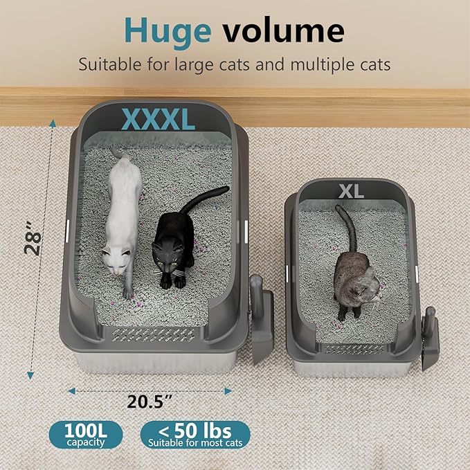 XXXL Jumbo Stainless Steel Litter Box with Lid, 26" L x 18" W x 17" H Extra Large Stainless Steel Litter Box, 400 Count Cat Poop Bags + Cat Litter Mat,Non-Sticky, Anti-Leakage, Easy to Clean
