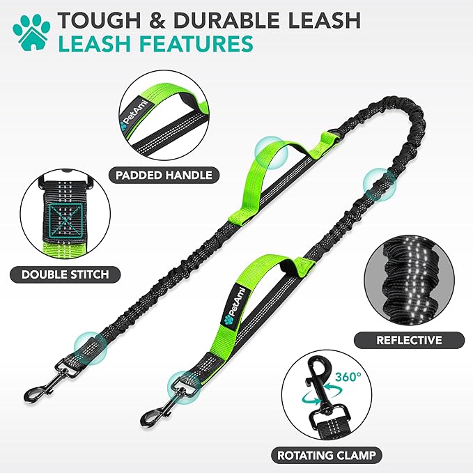 PetAmi Heavy Duty Hands Free Dog Leash, Adjustable Waist Belt for Large Dog Walking Up to 125 lbs, Bungee Leash for Pet Running, Hiking, Reflective Safety for Jogging, Biking, Green Handle