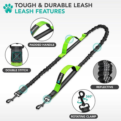 PetAmi Heavy Duty Hands Free Dog Leash, Adjustable Waist Belt for Large Dog Walking Up to 125 lbs, Bungee Leash for Pet Running, Hiking, Reflective Safety for Jogging, Biking, Green Handle