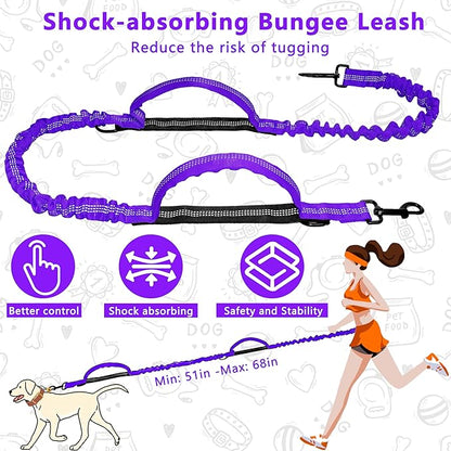 Hands Free Dog Leash with Zipper Pouch, Running Waist Leash for Dog Walking, Adjustable Waist Belt for Large Dogs, Reflective Bungee Design with Two Handle for Hiking, Training, Purple
