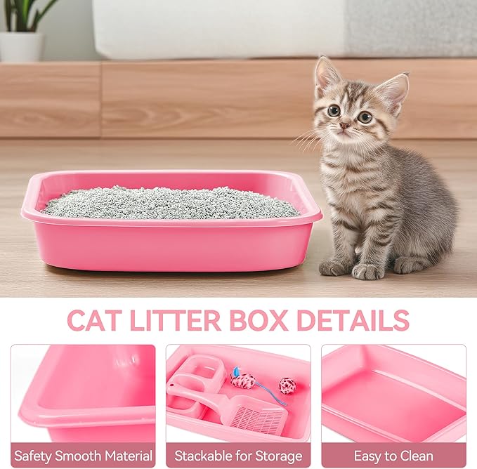 PAWISE Cat Litter Box Set, Small Kitten Starter Kit, Includes Litter Box, Litter Scoop, Double Dish Feeding Bowl, Cat Mouse Toy, Kitty Ball Toy, Pink