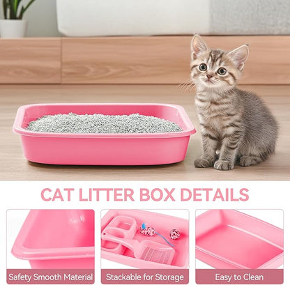 PAWISE Cat Litter Box Set, Small Kitten Starter Kit, Includes Litter Box, Litter Scoop, Double Dish Feeding Bowl, Cat Mouse Toy, Kitty Ball Toy, Pink